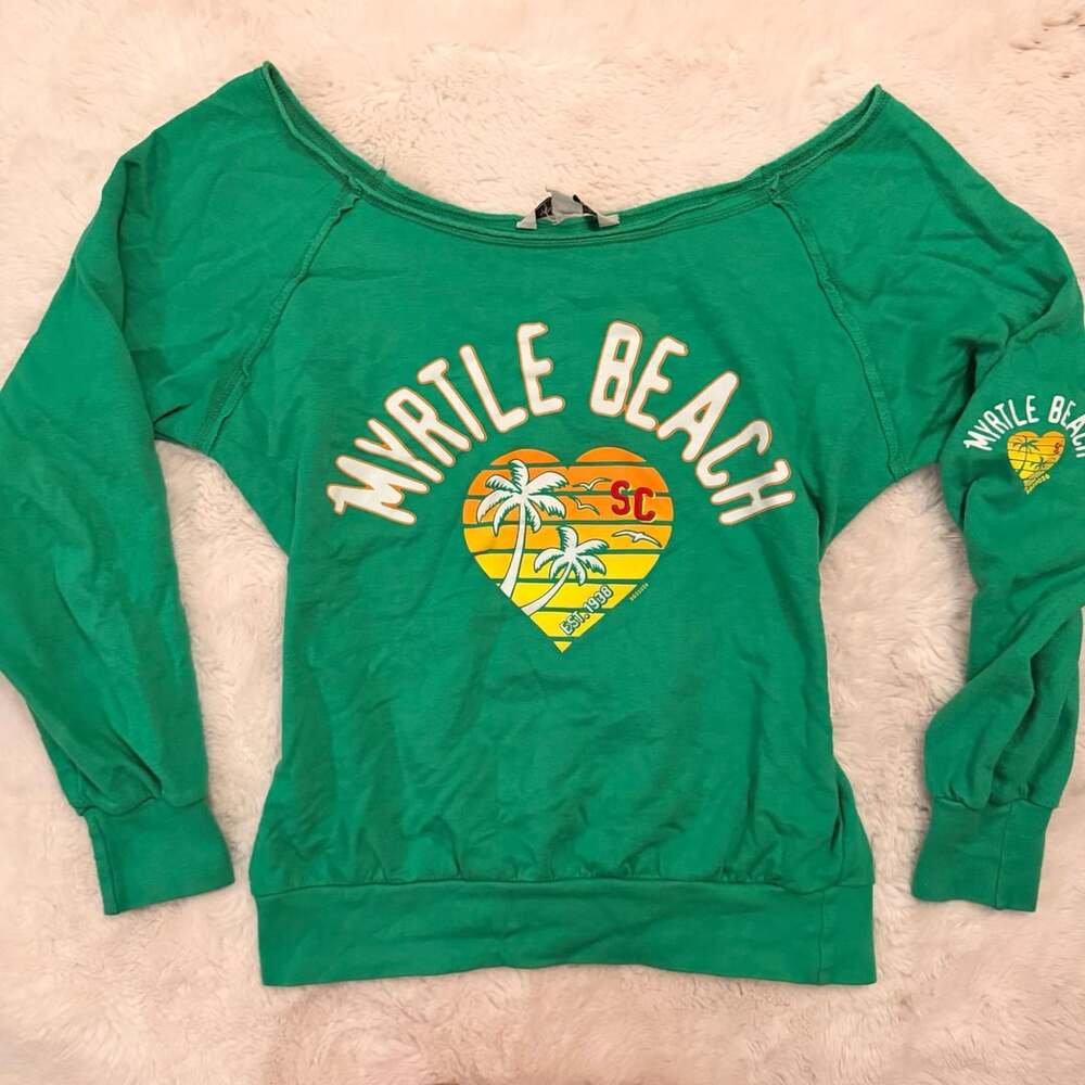 Vintage Girl Myrtle Beach Sweatshirt Size S Green Off-The-Shoulder